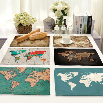 1Pcs World Map Pattern Kitchen Placemat Dining Table Mat Tea Coaster Cotton Linen Pad Bowl Cup Mats 42*32cm Home Decor MAP0001