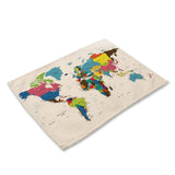 1Pcs World Map Pattern Kitchen Placemat Dining Table Mat Tea Coaster Cotton Linen Pad Bowl Cup Mats 42*32cm Home Decor MAP0001