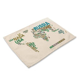 1Pcs World Map Pattern Kitchen Placemat Dining Table Mat Tea Coaster Cotton Linen Pad Bowl Cup Mats 42*32cm Home Decor MAP0001