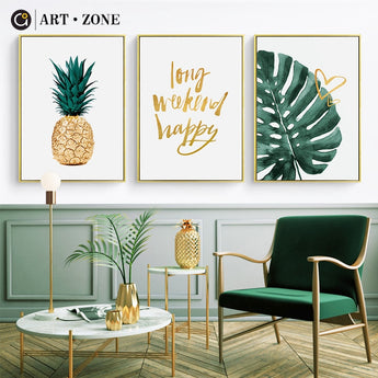 ART ZONE ART ZONE Gold Pineapple Nordic Canvas Painting Green Leaves Letter Art Print Poster Wall Decoration Home Decor Poster