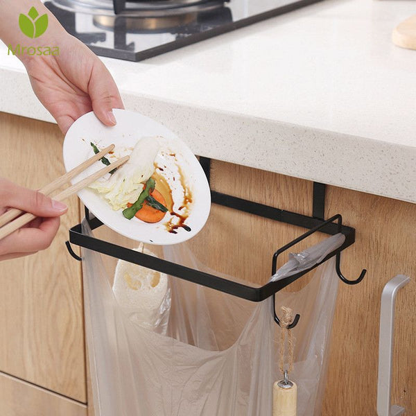 Door Back Waste Hanger Garbage Bag Holder Rack Iron Storage Shelf With Hook Cupboard Cabinet Kitchen Trash Can Hanging Rubbish