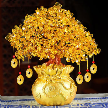 Large Golden Natural Crystal Lucky Money Bag Tree Fortune Tree Money Tree Business Craft New Home Gift Decoration Sculpture