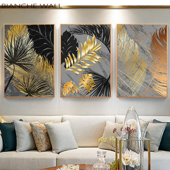 Scandinavian Style Poster Marble Golden Leaf Art Plant Abstract Painting Living Room Decoration Pictures Nordic Decoration