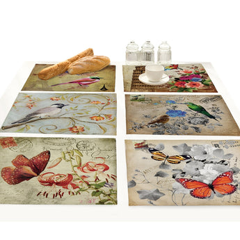 Cartoon Butterfly Birds Print Linen Fabric Placemat for Dining Table Manteles Flower Design Kitchen Decoration Accessories