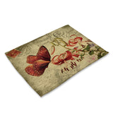 Cartoon Butterfly Birds Print Linen Fabric Placemat for Dining Table Manteles Flower Design Kitchen Decoration Accessories