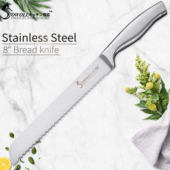 SOWOLL 7Cr17mov Stainless Steel Kitchen Knife 8 inch Bread Knife 58HRC Serrated Design Cutter Tool For Cutting Bread Cheese Cake